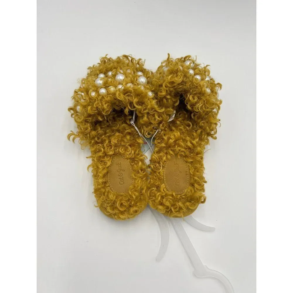 Cat Jack Toddler Girls‎ Fuzzy Slippers Pearls Mustard Yellow Size 4 NWT